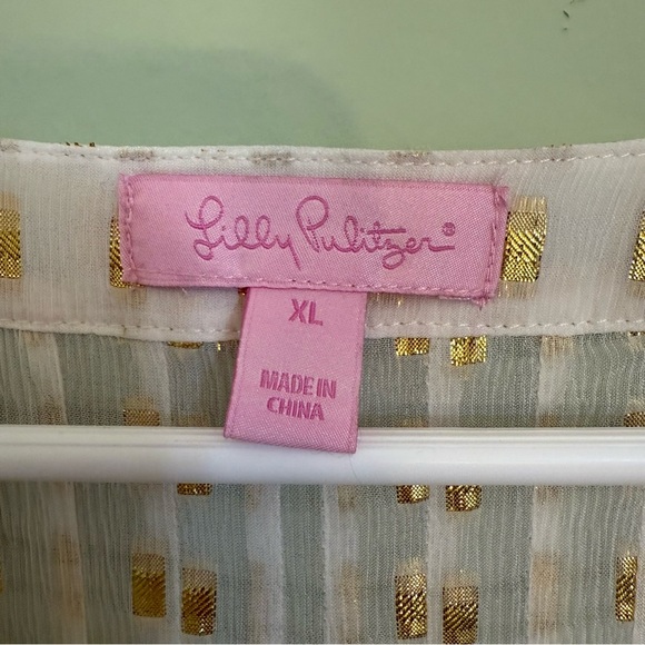 Lilly Pulitzer White and Gold metallic dot crepe Women's blouse sheer size XL - Picture 3 of 8